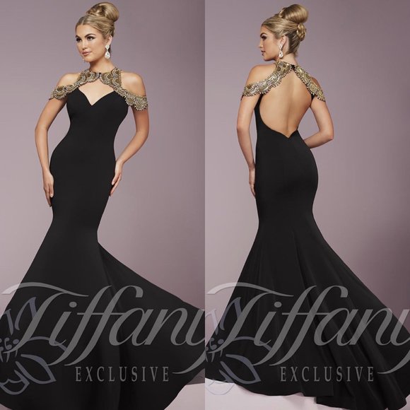 Tiffany Designs Beaded Halter Neckline & Shoulder Sleeves Stretch Satin Gown - Picture 1 of 11
